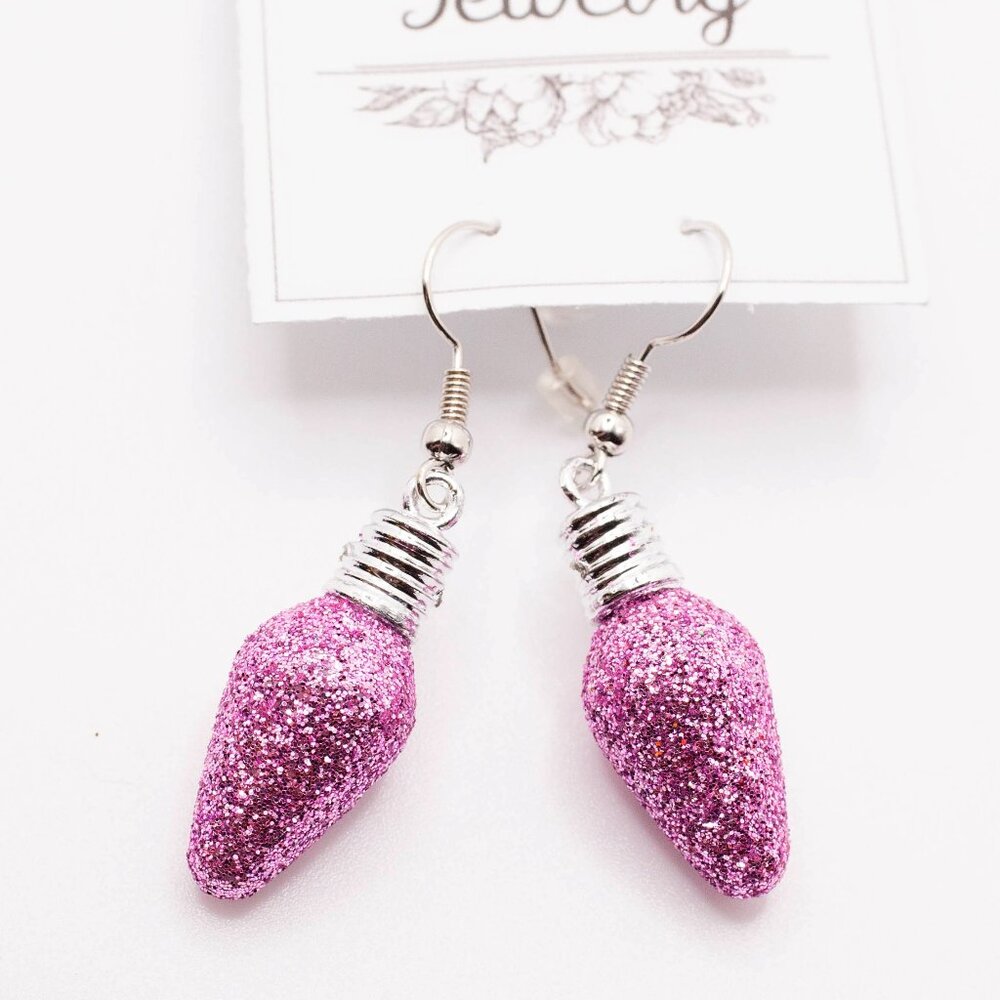 Handmade Jewelry Holiday Medium Pink Glitter Christmas Bulb Earrings, New